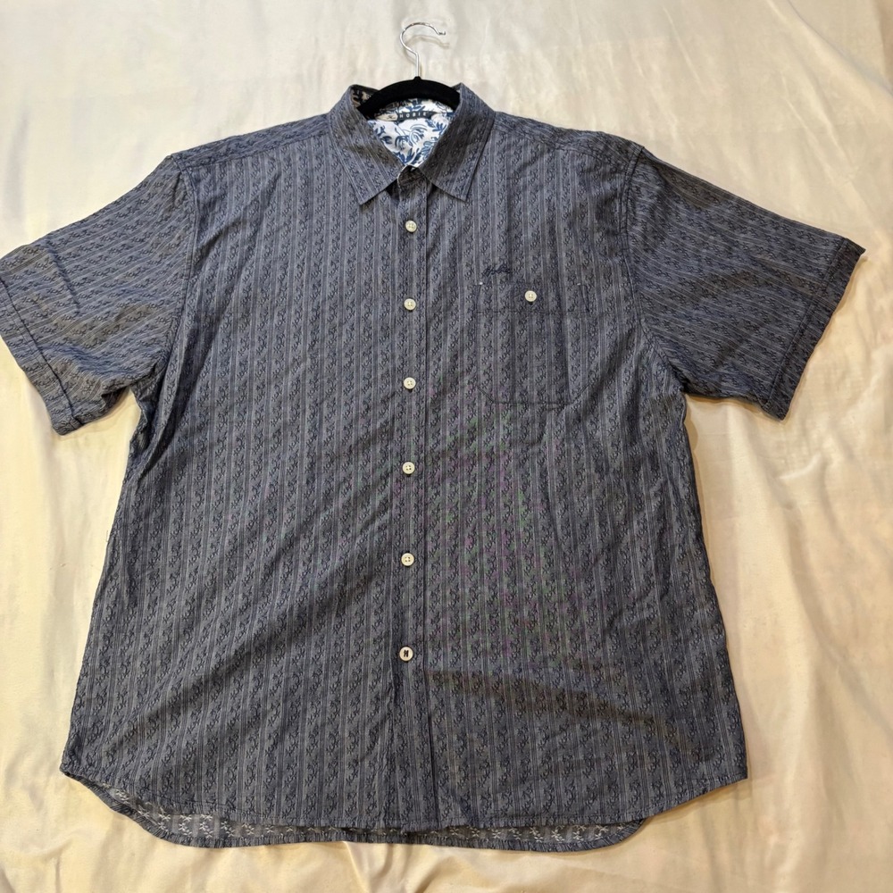 Hobie Mens Blue Cotton Button Down Textured Shirt‎ Floral Trim Short Sleeve  XL